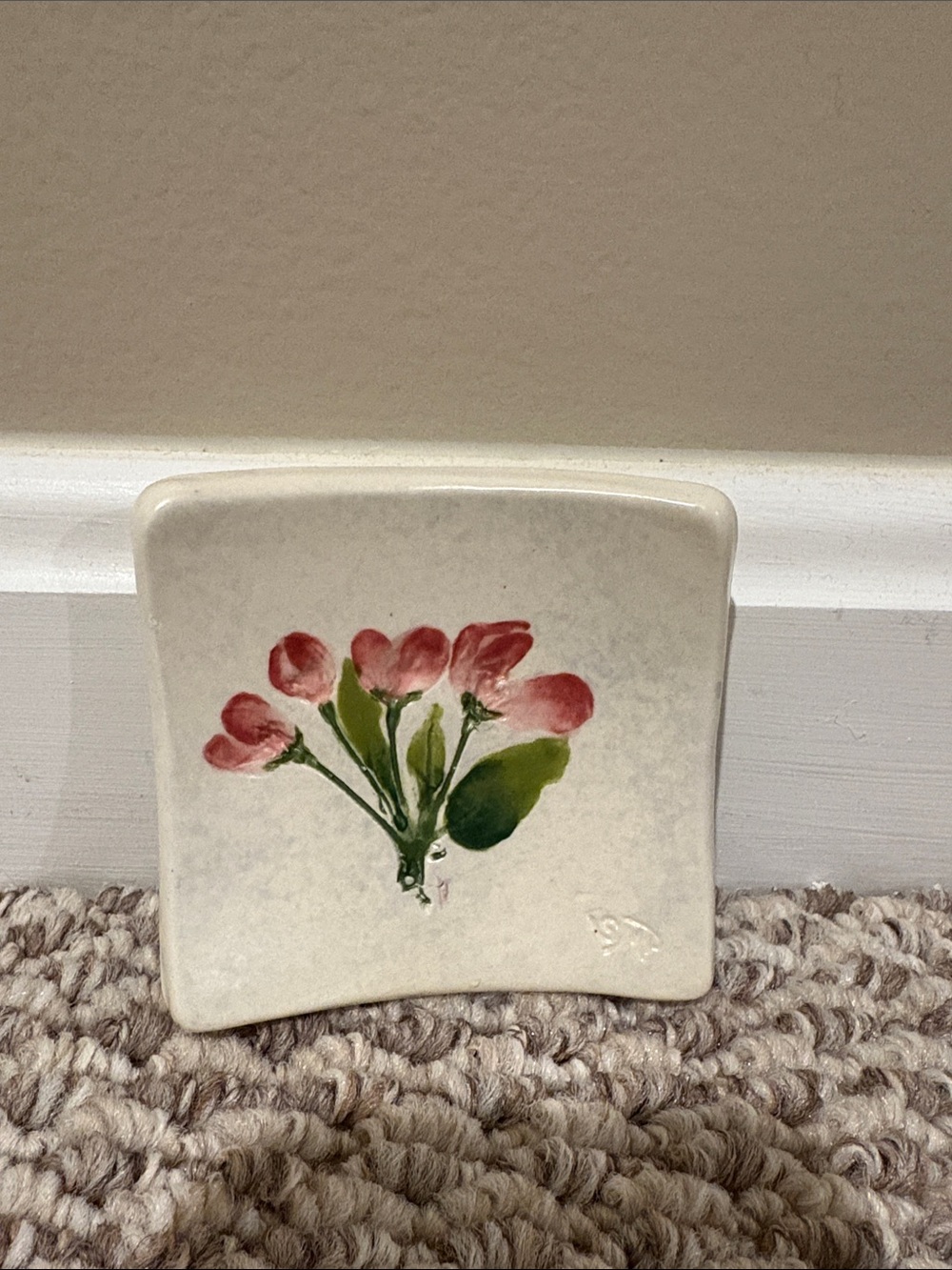 Salt Marsh Pottery Hand-Painted Ceramic Tile with Pink Floral Design